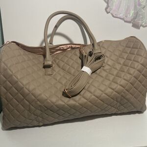 Ms Lovely Quilted Beige Vegan Weekender Travel Duffel Bag W/Gold Hardware NWT